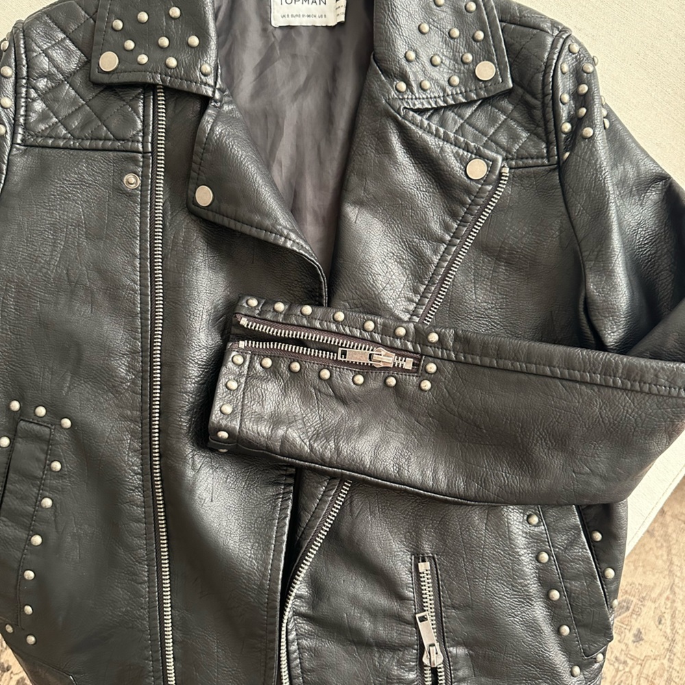 Topman Studded Leather Biker Jacket - Black, S